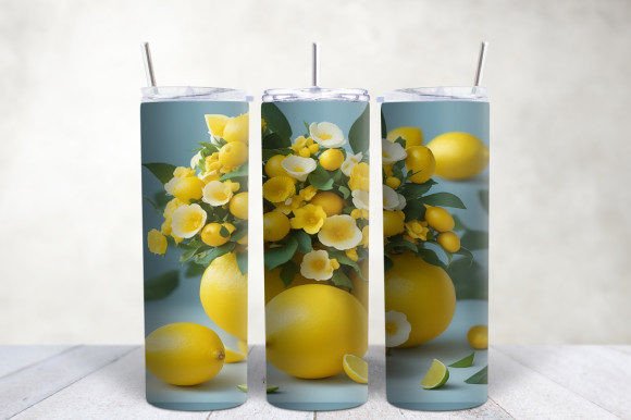 3D Yellow Lemons Flowers Tumbler Wrap
